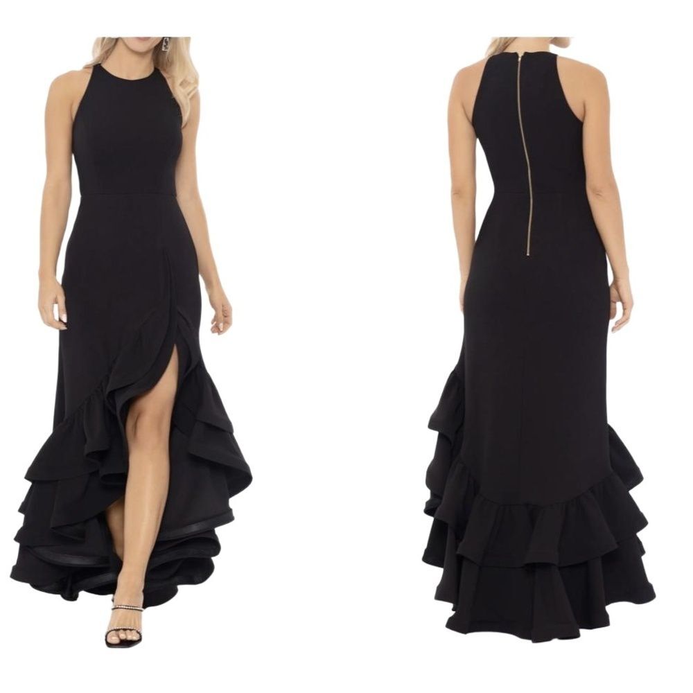Betsy & Adam Long Dress Gown 12 Scuba Crepe Ruffle Slit Formal Sleeveless Black